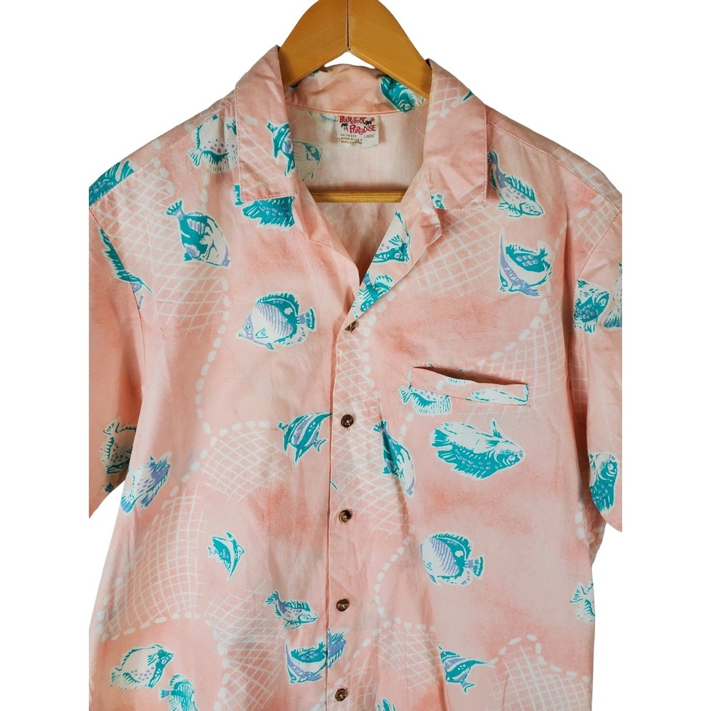 Vintage Barefoot in Paradise Hawaiian Shirt Men's Large Pink Fish Print USA Made